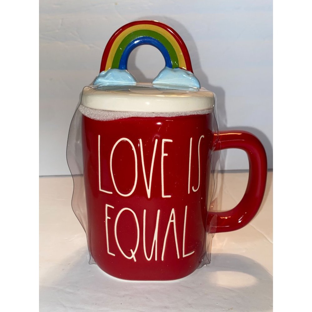 Rae Dunn Love is Equal Coffee Mug w/ Rainbow Pride Figural Topper Lid